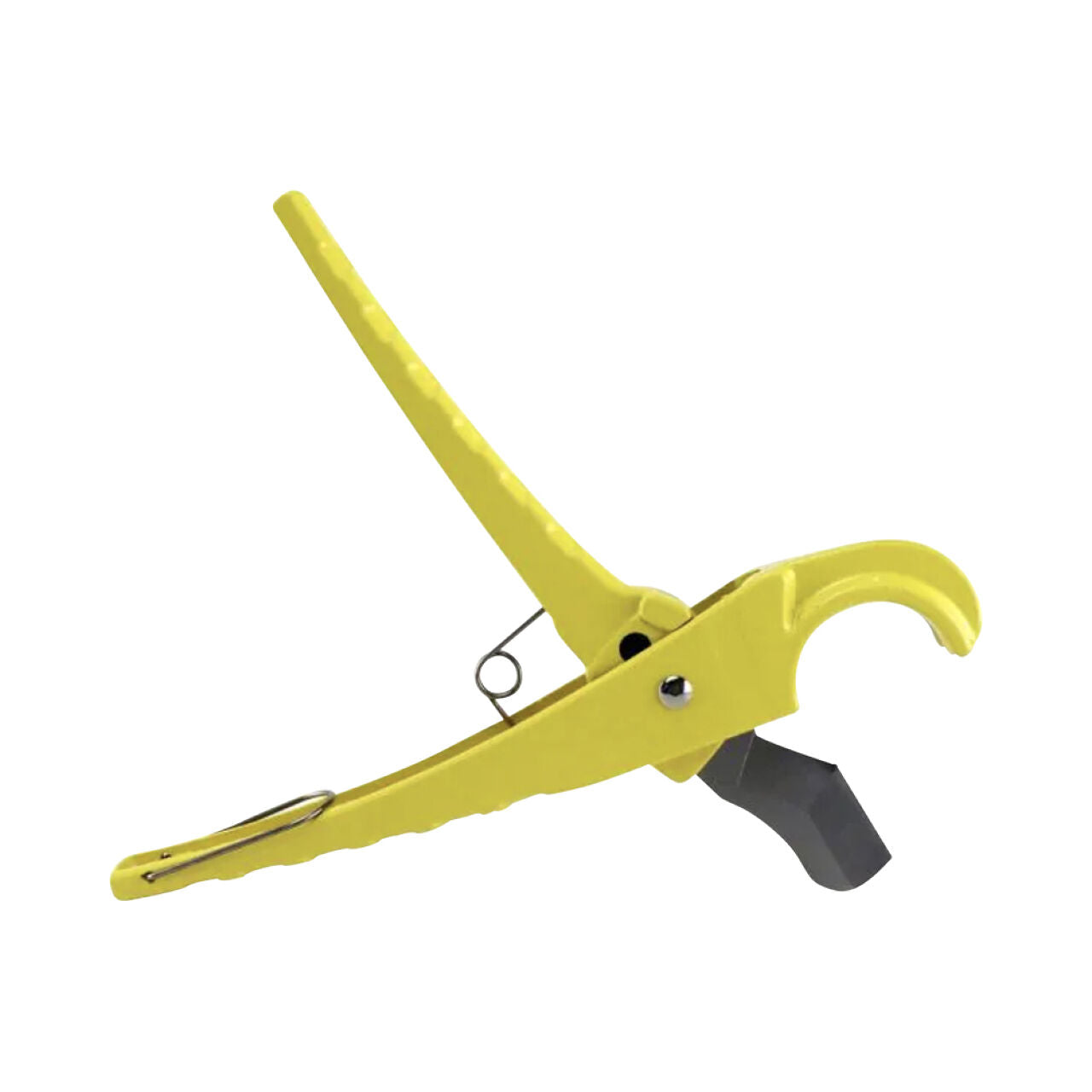 A Go Build 1/2 in. - 1 in. Pipe Cutter, featuring a yellow body, curved handle, and sharp Teflon-coated blade, is shown open against a white background.